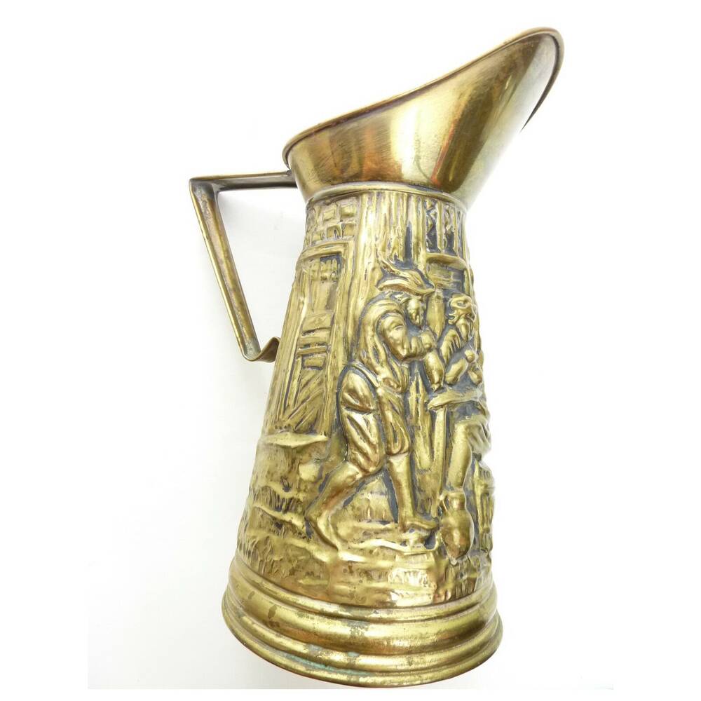 Vintage Brass Pitcher Raised Pub Scene Tavern Jug Made in England Relief Vase